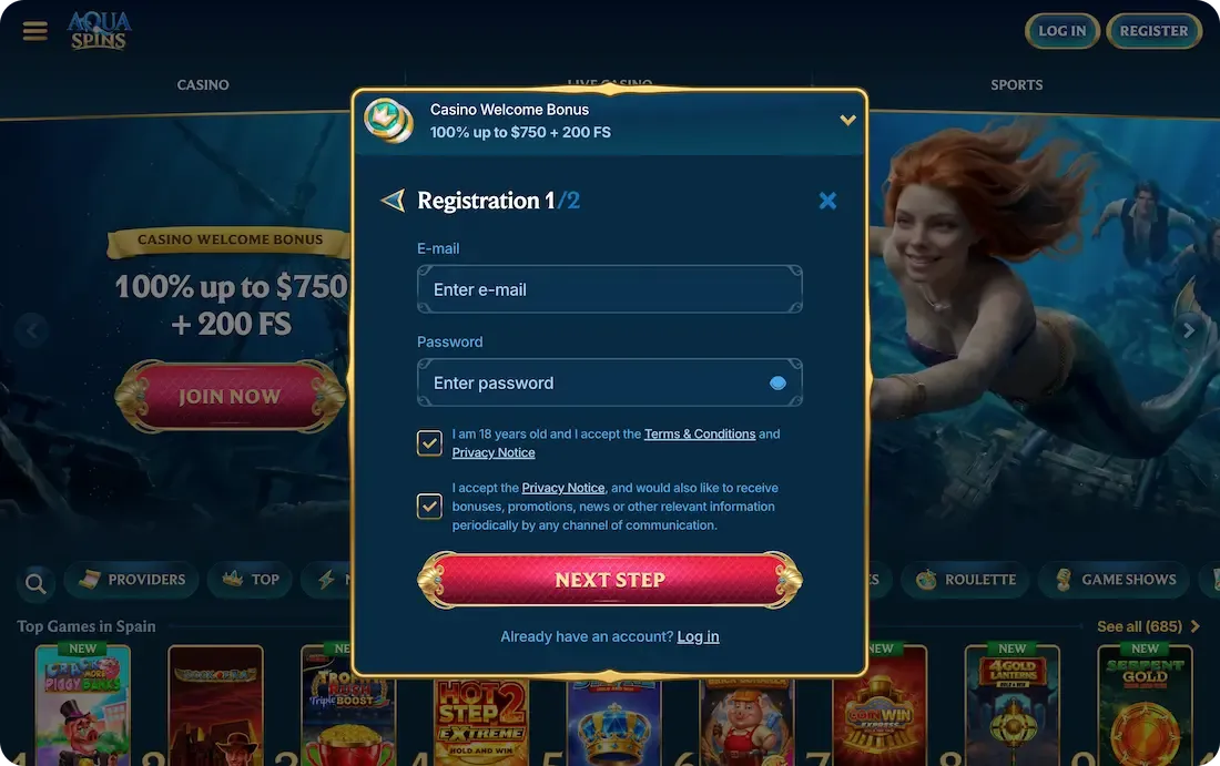 aquaspins casino registration
