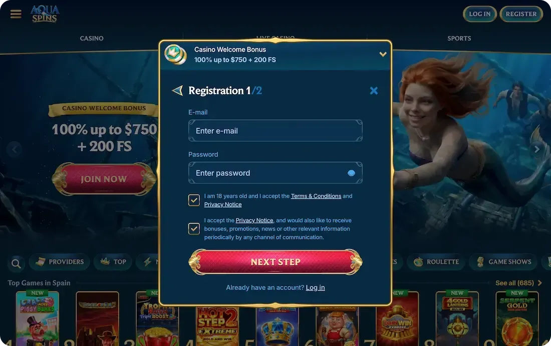 aquaspins casino registration